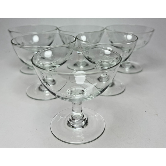 6 Vintage MCM Atomic Low Sherbet Glasses Star Dust C G Quartzex Crystal Barware - Picture 1 of 6
